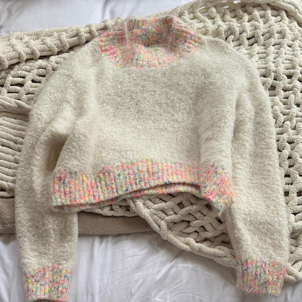 Free People Cream Sweater with Colorful Trim